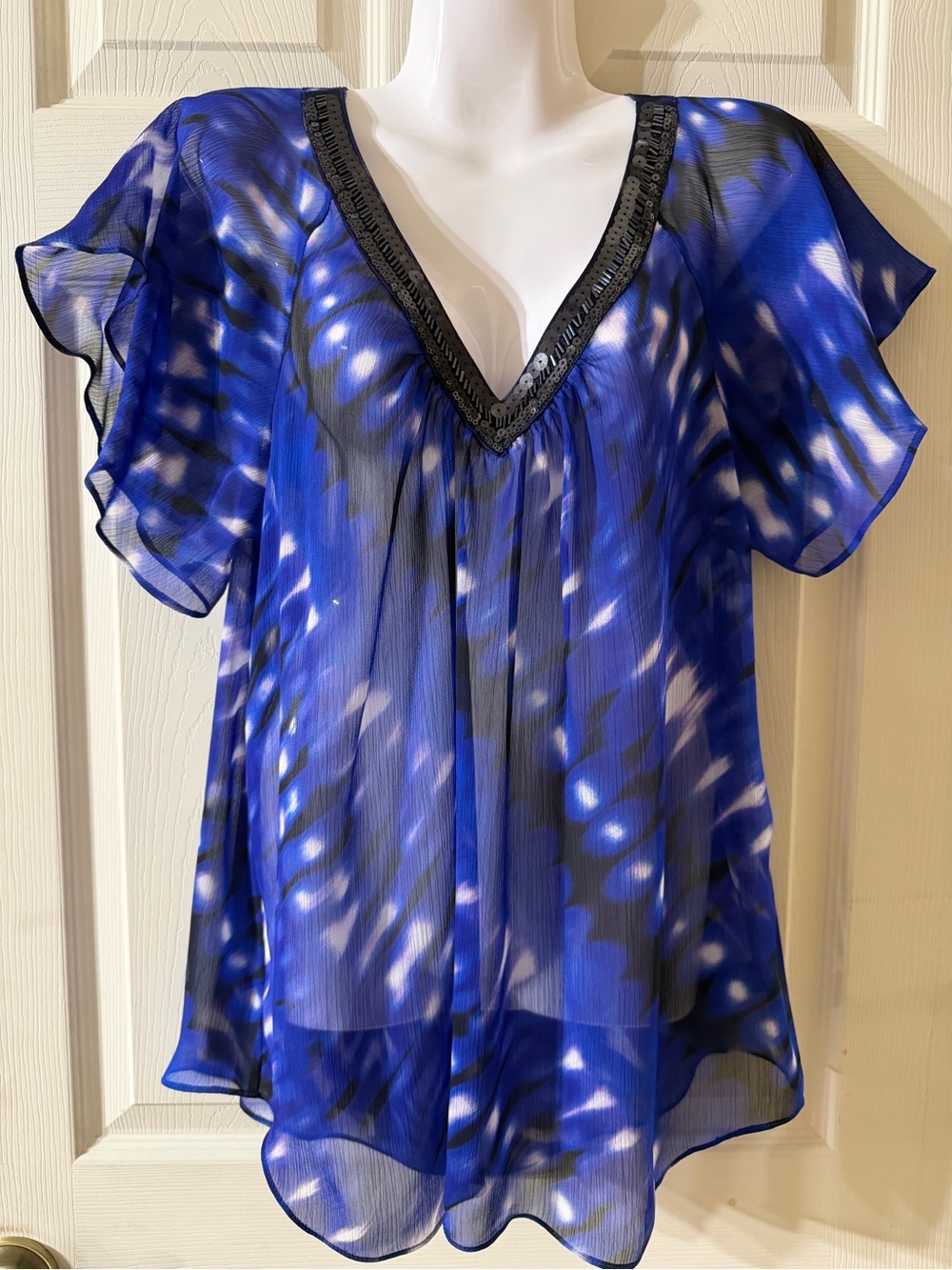 Express Blue & Black Sheer V-Neck Flutter Sleeve Tunic